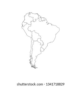 Ilustración vectorial con mapa del continente sudamericano. Siluetas de línea negra, fondo blanco. 