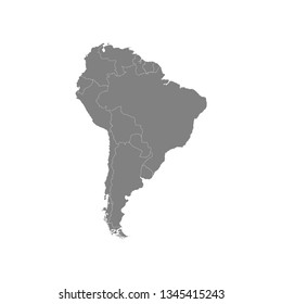 Ilustración vectorial con mapa del continente sudamericano. Siluetas grises, fondo blanco. 