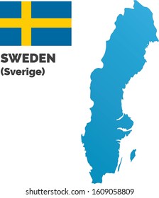 Vector illustration, map Sweden with Swedish flag. Swedish flag with correct colors (blue=C 100%, M 50%, Y 10%, yellow=C 0%, M 20%, Y 100%). Map in blue gradients and thin gray outline.