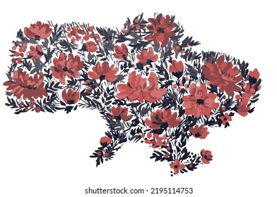 Vektorgrafik mit der Karte der Ukraine mit Blumen auf weißem Hintergrund. Schwarz-Rot-Thema. Ukrainische Ornamente mit Blumen. Ukraine Karte mit volkstümlicher Abbildung. Stilkarte der Ukraine
