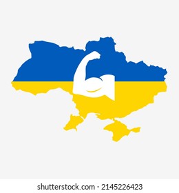 Vector illustration of map of Ukraine with power muscles in blue and yellow colors. Vector illustration isolated on grey background for design and web. 