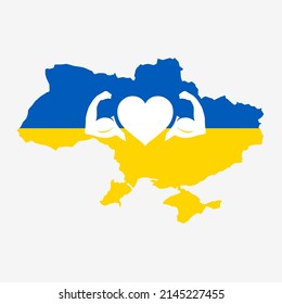 Vector illustration of map of Ukraine with power muscles in blue and yellow colors. Vector illustration isolated on grey background for design and web. 