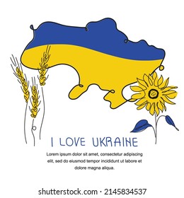 Vector Illustration map of Ukraine in Ukrainian flag with tradition flower and lettering I LOVE UKRAINE. Vector illustration global politics, NO WAR, problem picture in continuous line art style