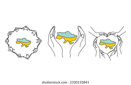 Vector Illustration map of Ukraine in Ukrainian flag with tradition flower and lettering I LOVE UKRAINE. Vector illustration global politics, NO WAR, problem picture in continuous line art style