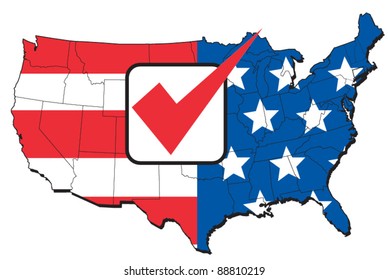 vector illustration of map of United States of America with stars and stripes American flag and tick mark