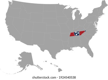 vector illustration of Map of US federal state of Tennessee with state flag on gray USA map