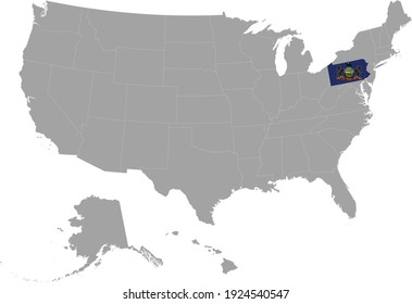 vector illustration of Map of US federal state of Pennsylvania with state flag on gray USA map