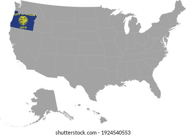 vector illustration of Map of US federal state of Oregon with state flag on gray USA map