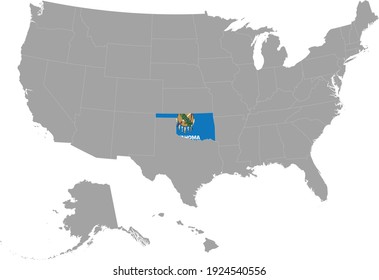 vector illustration of Map of US federal state of Oklahoma with state flag on gray USA map