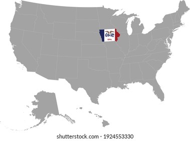 vector illustration of Map of US federal state of Iowa with state flag on gray USA map