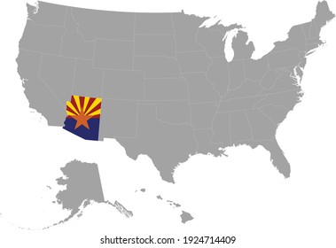 vector illustration of Map of US federal state of Arizona with state flag on gray USA map