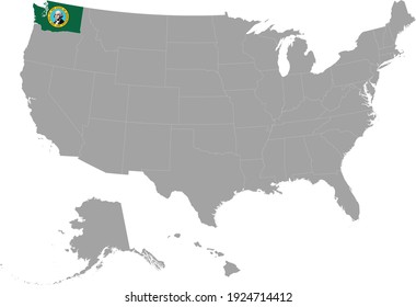 vector illustration of Map of US federal state of Washington with state flag on gray USA map