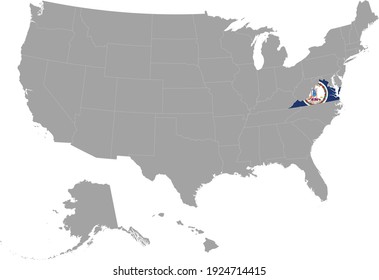 ilustración vectorial del Mapa del estado federal de Virginia en Estados Unidos con bandera estatal en el mapa gris de Estados Unidos
