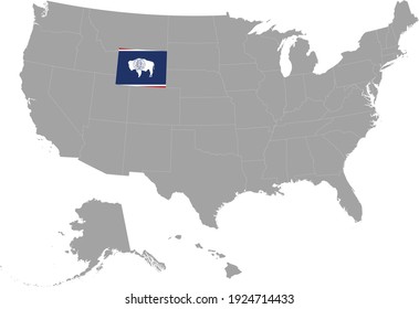 vector illustration of Map of US federal state of Wyoming with state flag on gray USA map