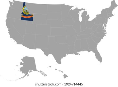 vector illustration of Map of US federal state of Idaho with state flag on gray USA map