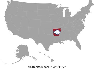 vector illustration of Map of US federal state of Arkansas with state flag on gray USA map