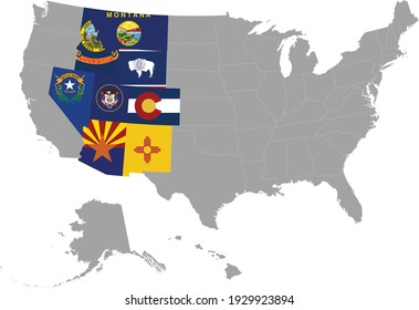 vector illustration of Map of US federal state of Mountain western region with state flag inside the map of United states of America