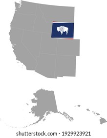 vector illustration of Map of US federal state of Wyoming with state flag inside the map of Western region of USA