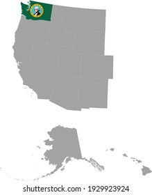 vector illustration of Map of US federal state of Washington with state flag inside the map of Western region of USA
