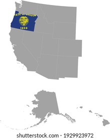 vector illustration of Map of US federal state of Oregon with state flag inside the map of Western region of USA