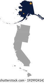 ilustración vectorial del Mapa del estado federal de Alaska en Estados Unidos con bandera estatal dentro del mapa de la costa del Pacífico