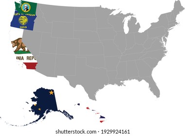 vector illustration of Map of US federal state of Pacific coast region with state flag inside the map of United states of America