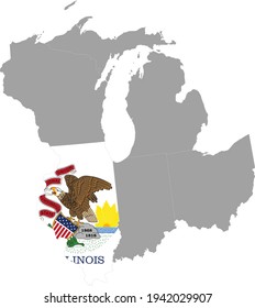 vector illustration of Map of US federal state of Illinois with state flag inside the map of East north central region