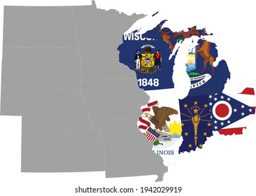 vector illustration of Map of US federal state of East north central region with state flag inside the map of Midwest region of USA