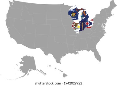 vector illustration of Map of US federal state of East north central region with state flag inside the map of United states of America