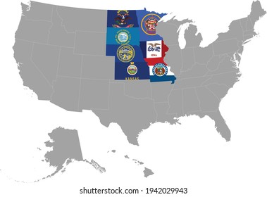 vector illustration of Map of US federal state of West north central region with state flag inside the map of United states of America