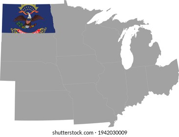 vector illustration of Map of US federal state of North Dakota with state flag inside the map of Midwest region of USA