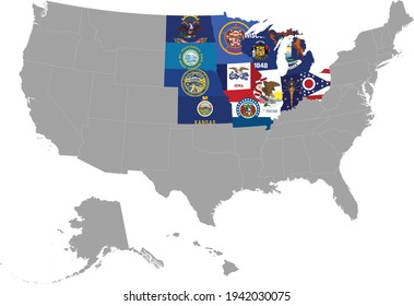 Vector Illustration Of Map Of US Federal State Of Midwest Region With State Flag Inside The Map Of United States Of America