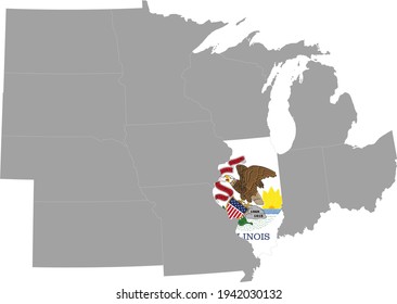 vector illustration of Map of US federal state of Illinois with state flag inside the map of Midwest region of USA
