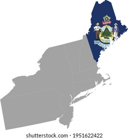 Vector Illustration Of Map Of US Federal State Of Maine With State Flag Inside The Map Of Northeast Region Of USA