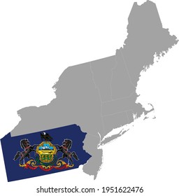 Vector Illustration Of Map Of US Federal State Of Pennsylvania With State Flag Inside The Map Of Northeast Region Of USA