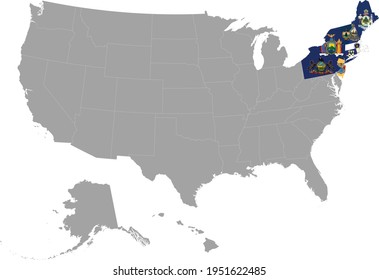 Vector Illustration Of Map Of US Federal State Of Northeast Region With State Flag Inside The Map Of United States Of America