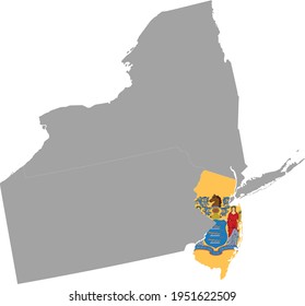 ilustración vectorial del Mapa del estado federal de Nueva Jersey de Estados Unidos con bandera estatal dentro del mapa de la región del Atlántico Medio de Estados Unidos