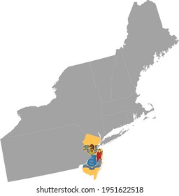 Vector Illustration Of Map Of US Federal State Of New Jersey With State Flag Inside The Map Of Northeast Region Of USA