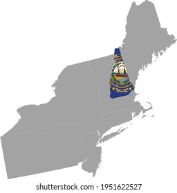 Vector Illustration Of Map Of US Federal State Of New Hampshire With State Flag Inside The Map Of Northeast Region Of USA