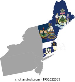 vector illustration of Map of US federal state of New England region with state flag inside the map of Northeast region of USA