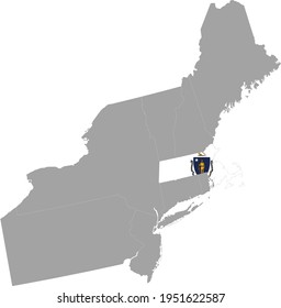 Vector Illustration Of Map Of US Federal State Of Massachusetts With State Flag Inside The Map Of Northeast Region Of USA