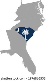 vector illustration of Map of US federal state of South Carolina with state flag inside the map of South Atlantic region of USA