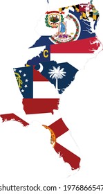 vector illustration of Map of US federal states of South Atlantic region with state flag 