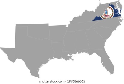 vector illustration of Map of US federal state of Virginia with state flag inside the map of South region of USA