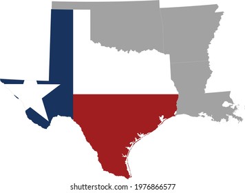 vector illustration of Map of US federal state of Texas with state flag inside the map of West south central region of USA