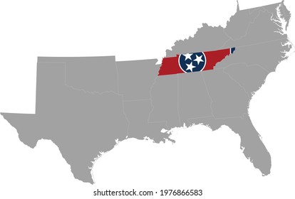 vector illustration of Map of US federal state of Tennessee with state flag inside the map of South region of USA