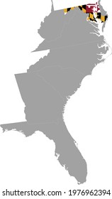 vector illustration of Map of US federal state of Maryland with state flag inside the map of South Atlantic region of USA