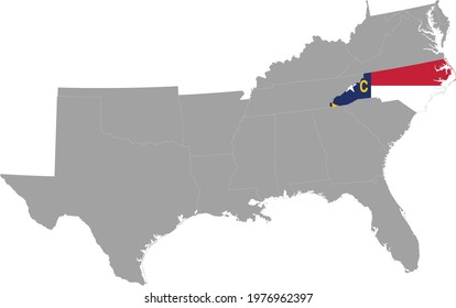 vector illustration of Map of US federal state of North Carolina with state flag inside the map of South region of USA