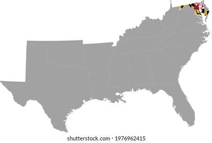 vector illustration of Map of US federal state of Maryland with state flag inside the map of South region of USA
