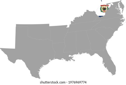 vector illustration of Map of US federal state of West Virginia with state flag inside the map of South region of USA